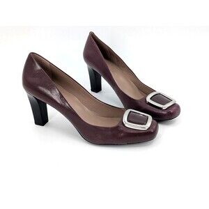 Franco Sarto Ursa Maroon Red Buckle Leather Square Pump Chunky Heels Size 9.5